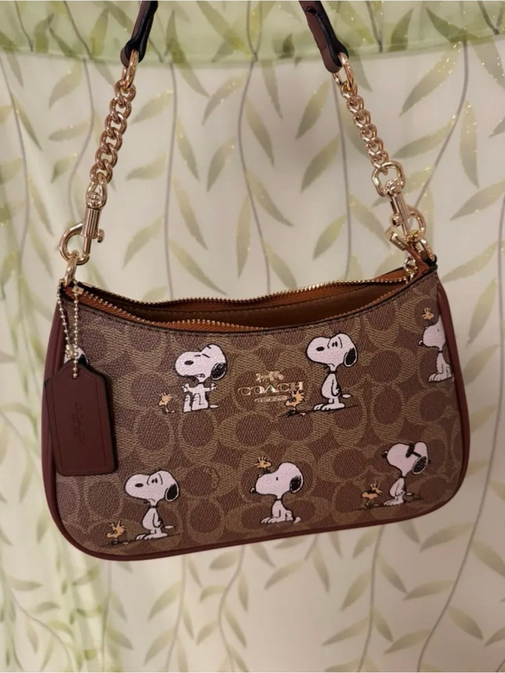 Coach Brown Signature Snoopy Print Shoulder Bag with Gold Hardware
